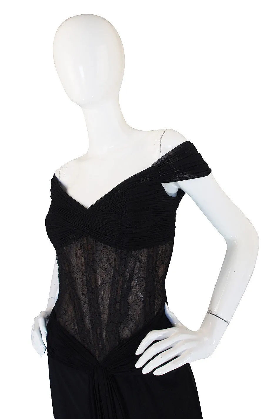 1980s Vicky Tiel Couture Black Silk Net & Lace Corset Gown
