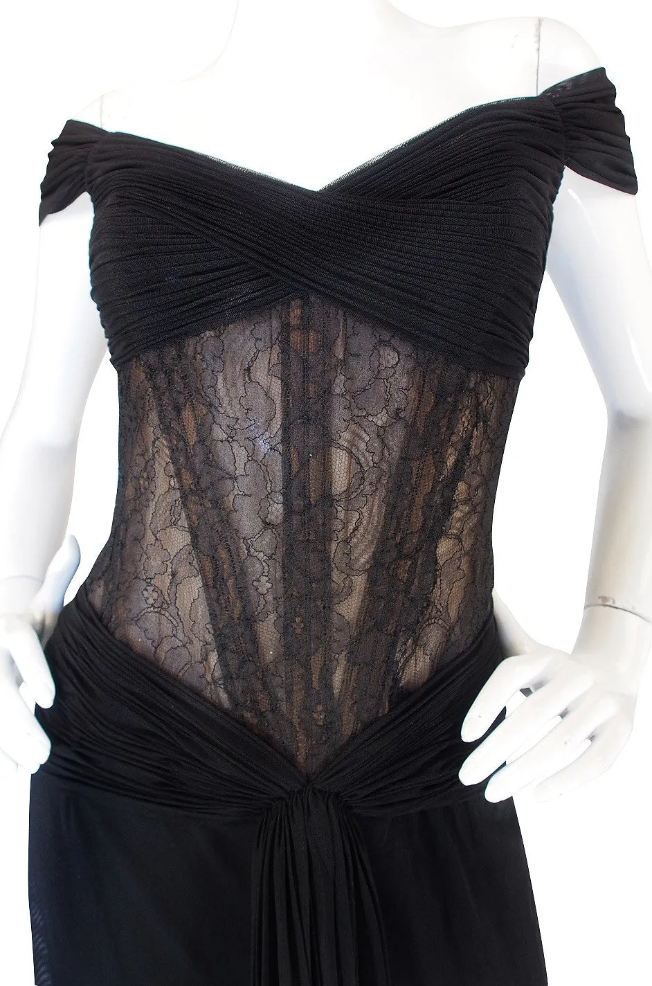 1980s Vicky Tiel Couture Black Silk Net & Lace Corset Gown