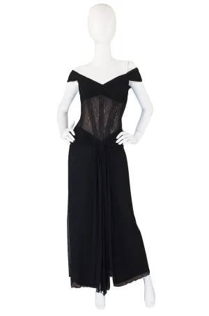 1980s Vicky Tiel Couture Black Silk Net & Lace Corset Gown