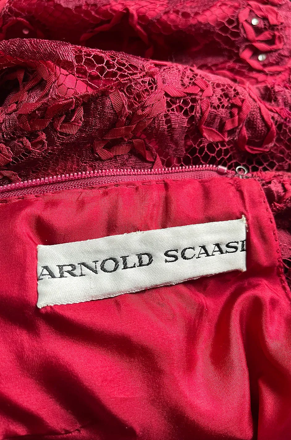 1986 Arnold Scaasi Couture Deep Red Lace Dress w Rhinestone Detailing & Trained Back Skirt