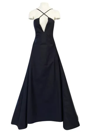 1990s Calvin Klein Black Front Plunge Halter Dress w No Back and Long Full Skirt