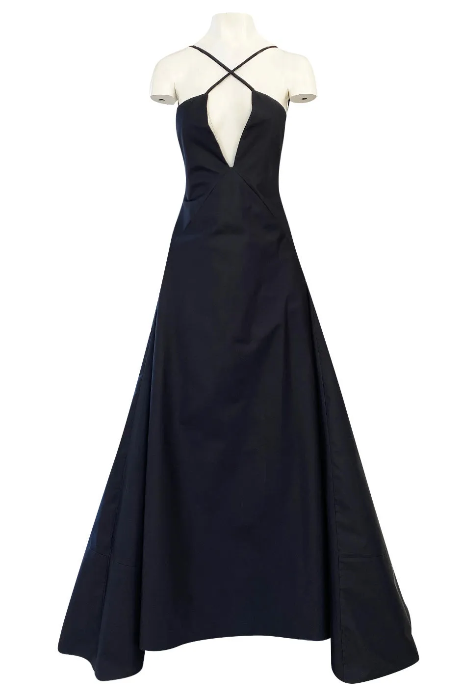 1990s Calvin Klein Black Front Plunge Halter Dress w No Back and Long Full Skirt