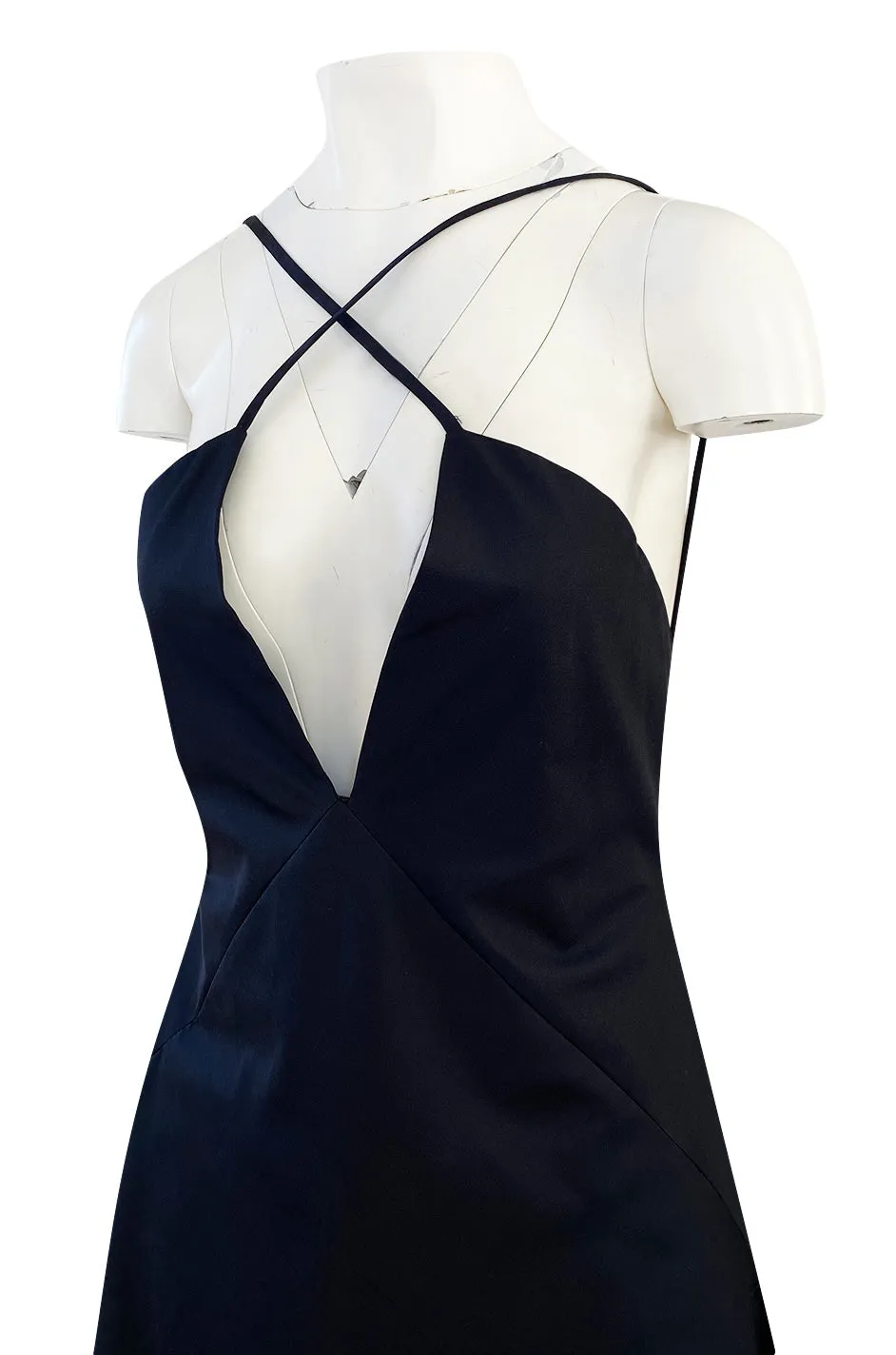 1990s Calvin Klein Black Front Plunge Halter Dress w No Back and Long Full Skirt