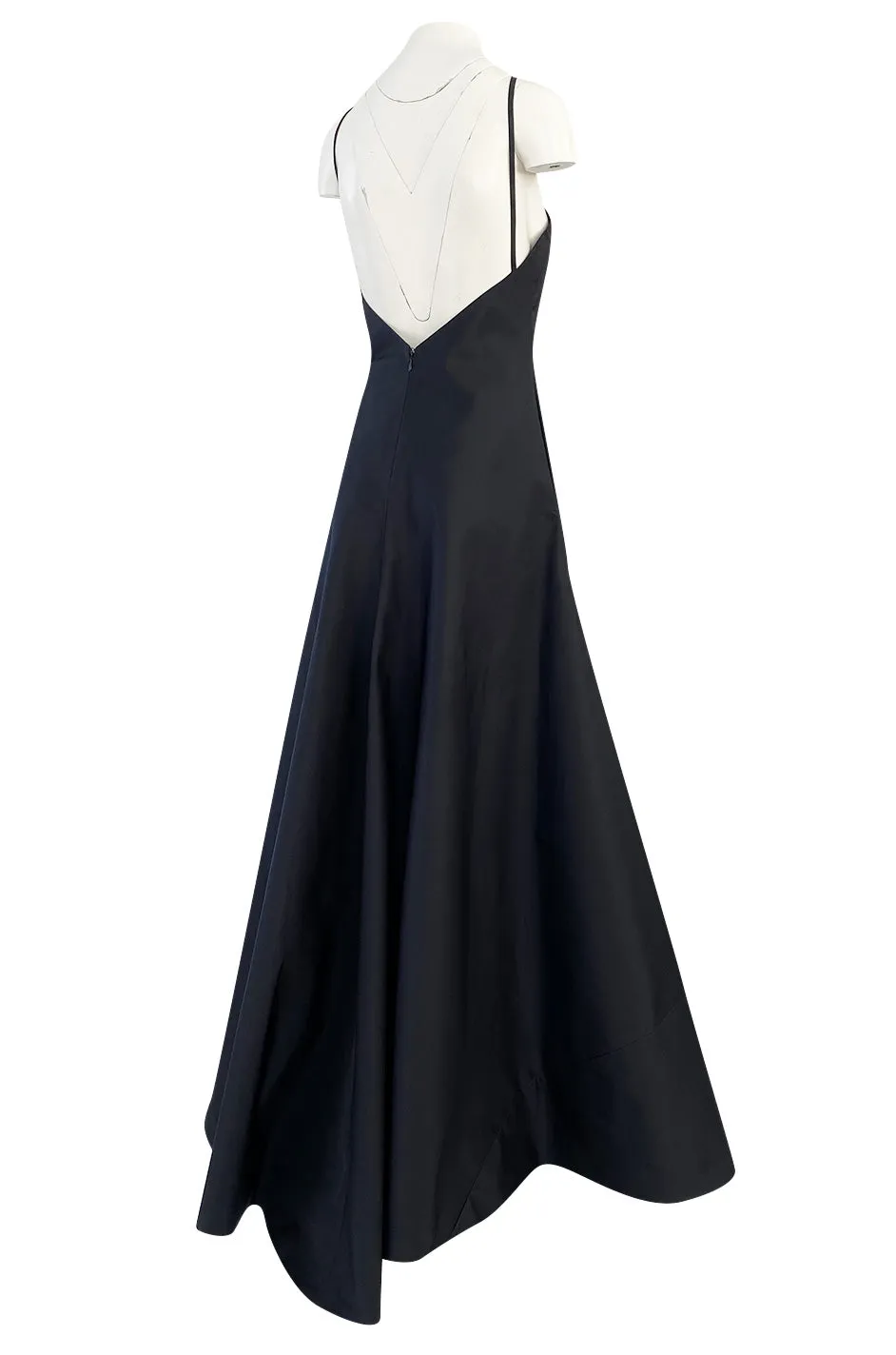 1990s Calvin Klein Black Front Plunge Halter Dress w No Back and Long Full Skirt