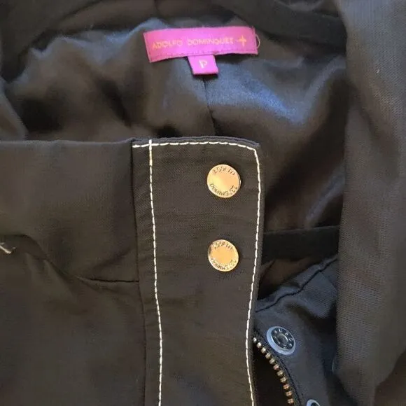 Adolfo Dominguez Black Coat White Piping Size Small Zip In Hood Euc