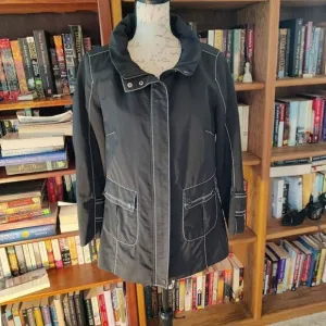 Adolfo Dominguez Black Coat White Piping Size Small Zip In Hood Euc