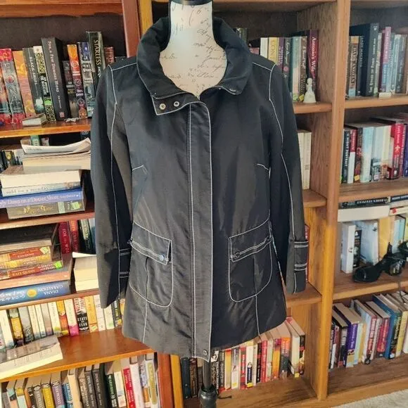 Adolfo Dominguez Black Coat White Piping Size Small Zip In Hood Euc