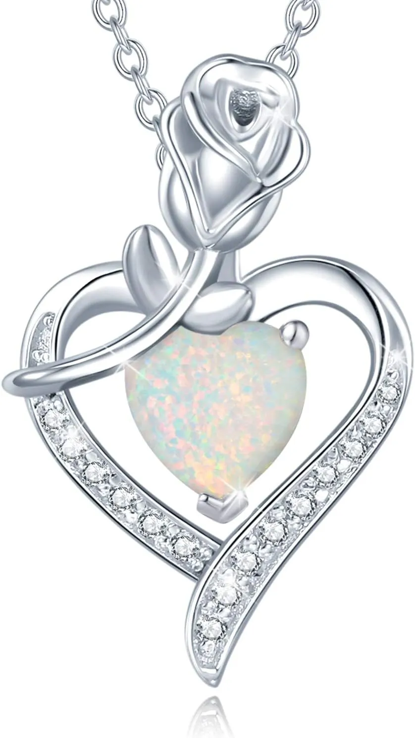 AGVANA Rosy Reverie Birthstone Necklace for Women Sterling Silver Genuine or Created Gemstone Rose Flower Heart Pendant Necklace Anniversary Birthday Gifts for Women Mom Wife Her