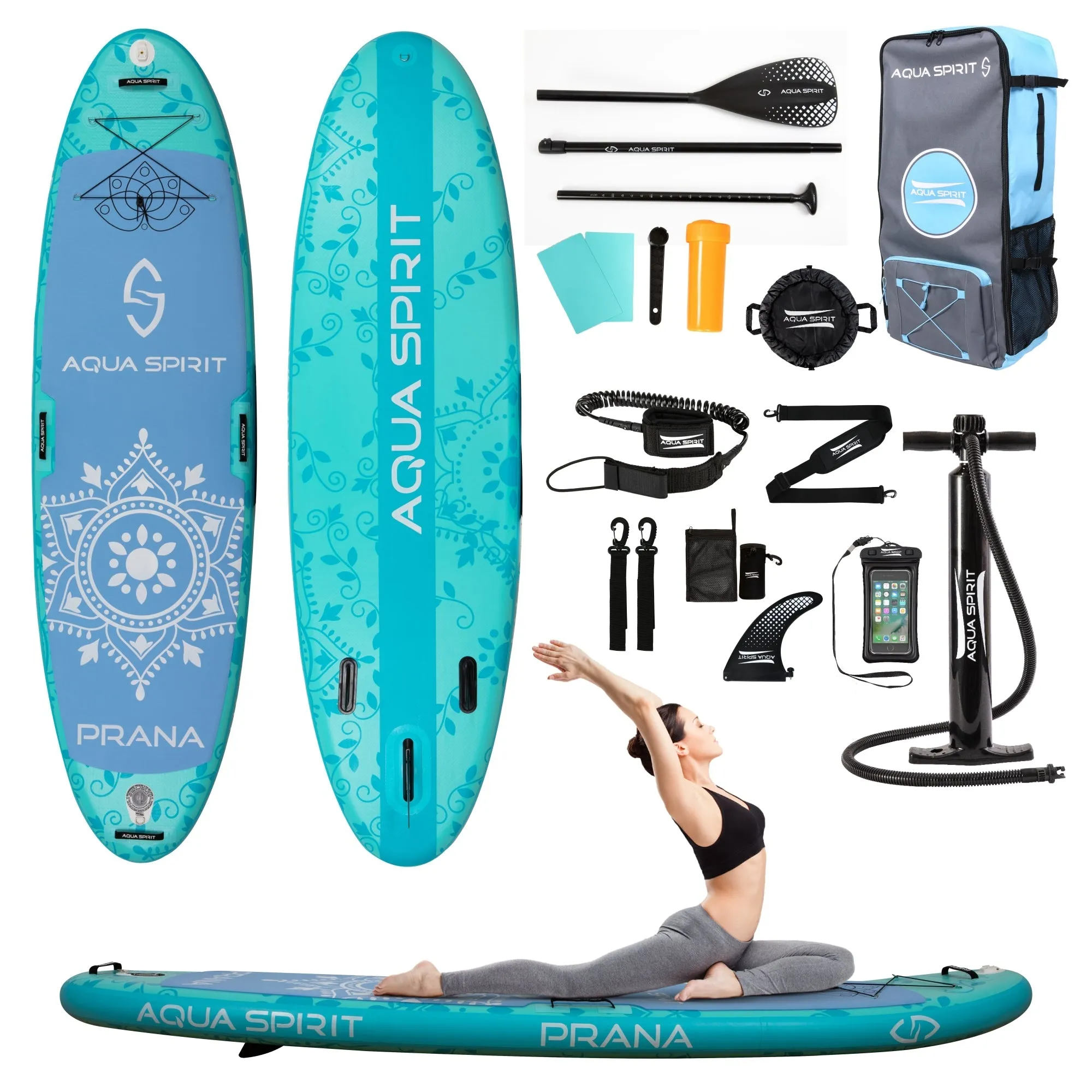 Aqua Spirit Prana 10′8FT Yoga Water AquaFitness Stand Up Paddle Board Kit, 6" Thick, Aluminium Paddle & Clips, Backpack, Change Mat, Pump, Leash, Mount for GoPro, Shoulder Straps & 2 Year Warranty