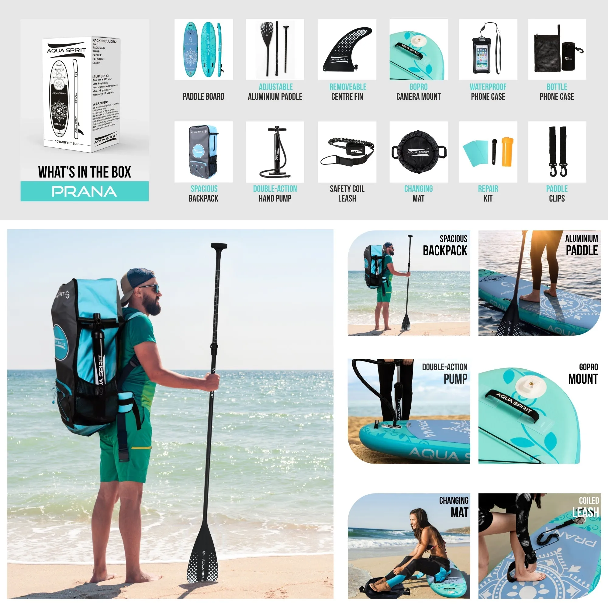 Aqua Spirit Prana 10′8FT Yoga Water AquaFitness Stand Up Paddle Board Kit, 6" Thick, Aluminium Paddle & Clips, Backpack, Change Mat, Pump, Leash, Mount for GoPro, Shoulder Straps & 2 Year Warranty