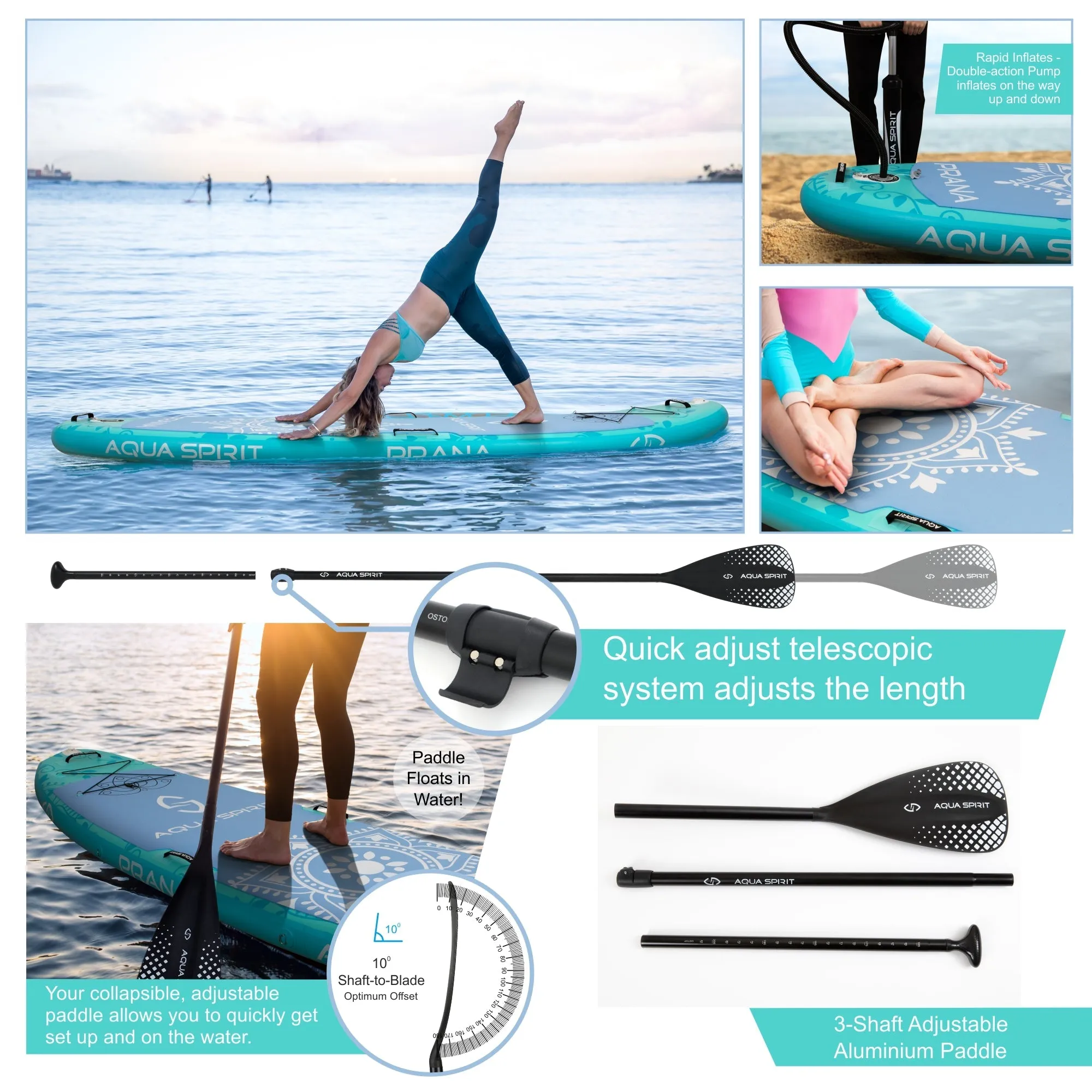 Aqua Spirit Prana 10′8FT Yoga Water AquaFitness Stand Up Paddle Board Kit, 6" Thick, Aluminium Paddle & Clips, Backpack, Change Mat, Pump, Leash, Mount for GoPro, Shoulder Straps & 2 Year Warranty