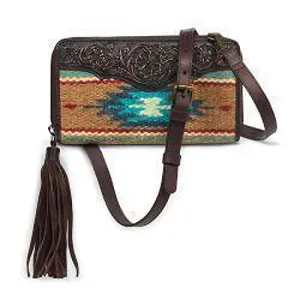 Ariat Ladies Brown Nellie Crossbody Wallet with Aztec Fabric Inlay