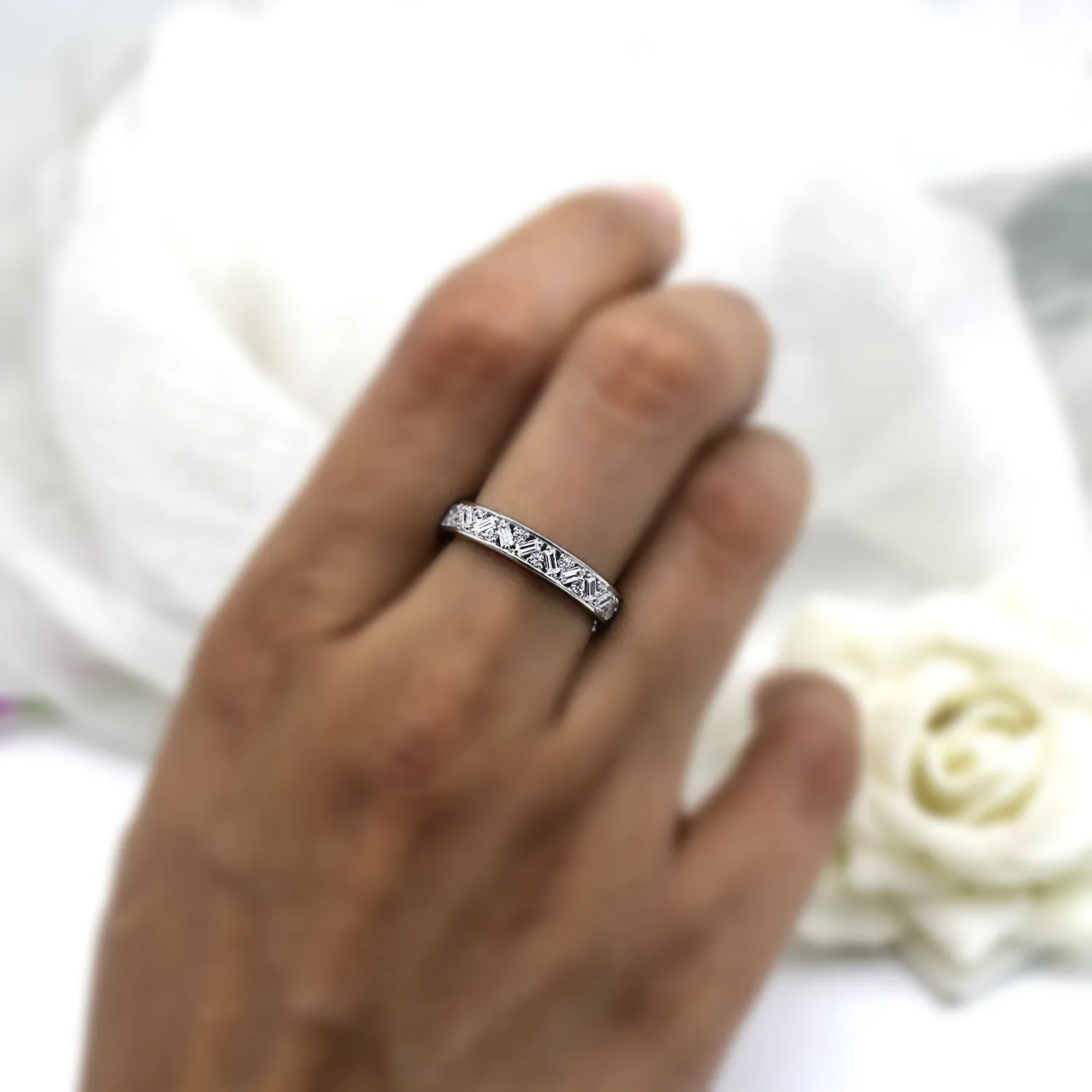 Baguette Round Diamond Designer Stackable Wedding Band