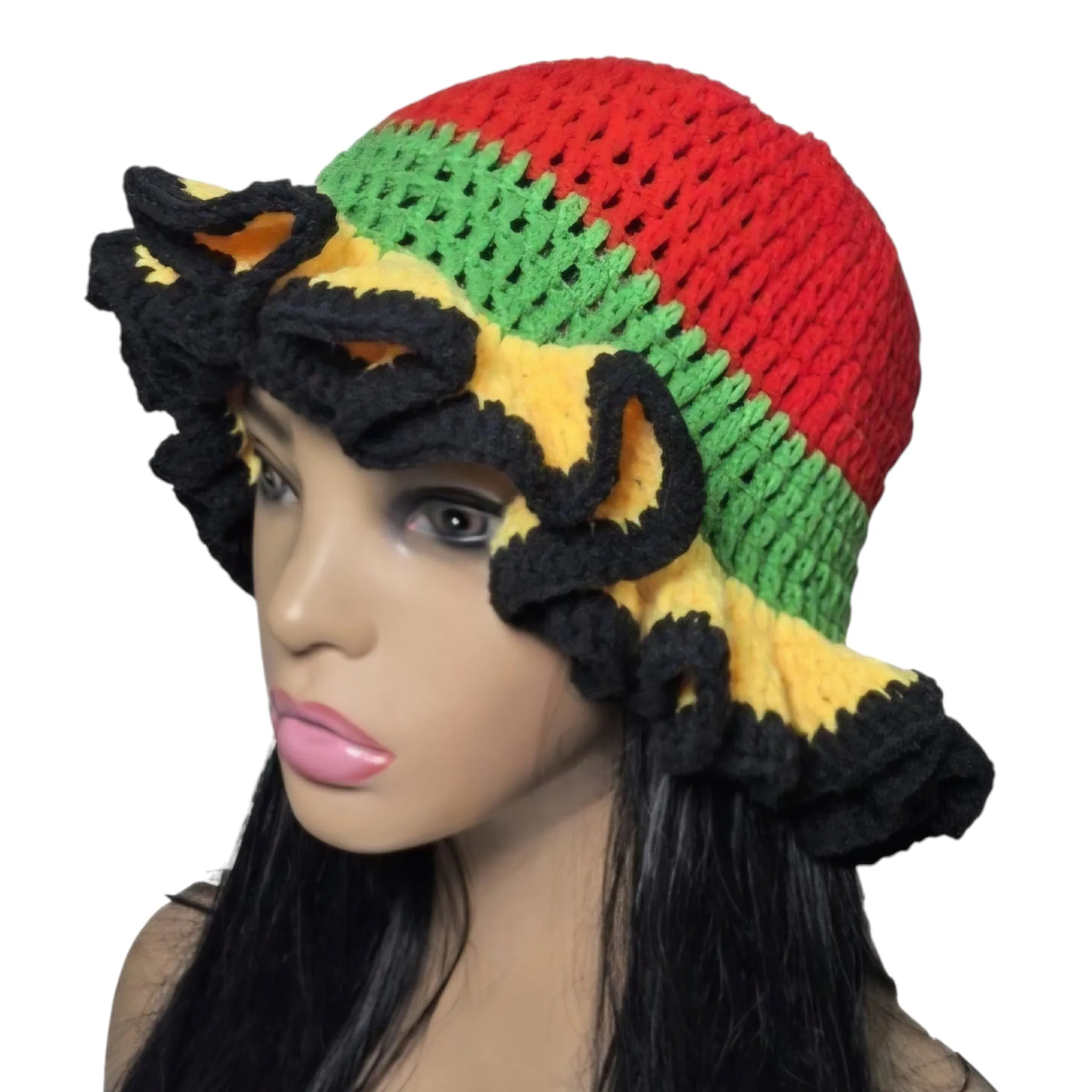 Bebe Fashion Crochet Ruffle Bucket Hat (Rasta Colors)