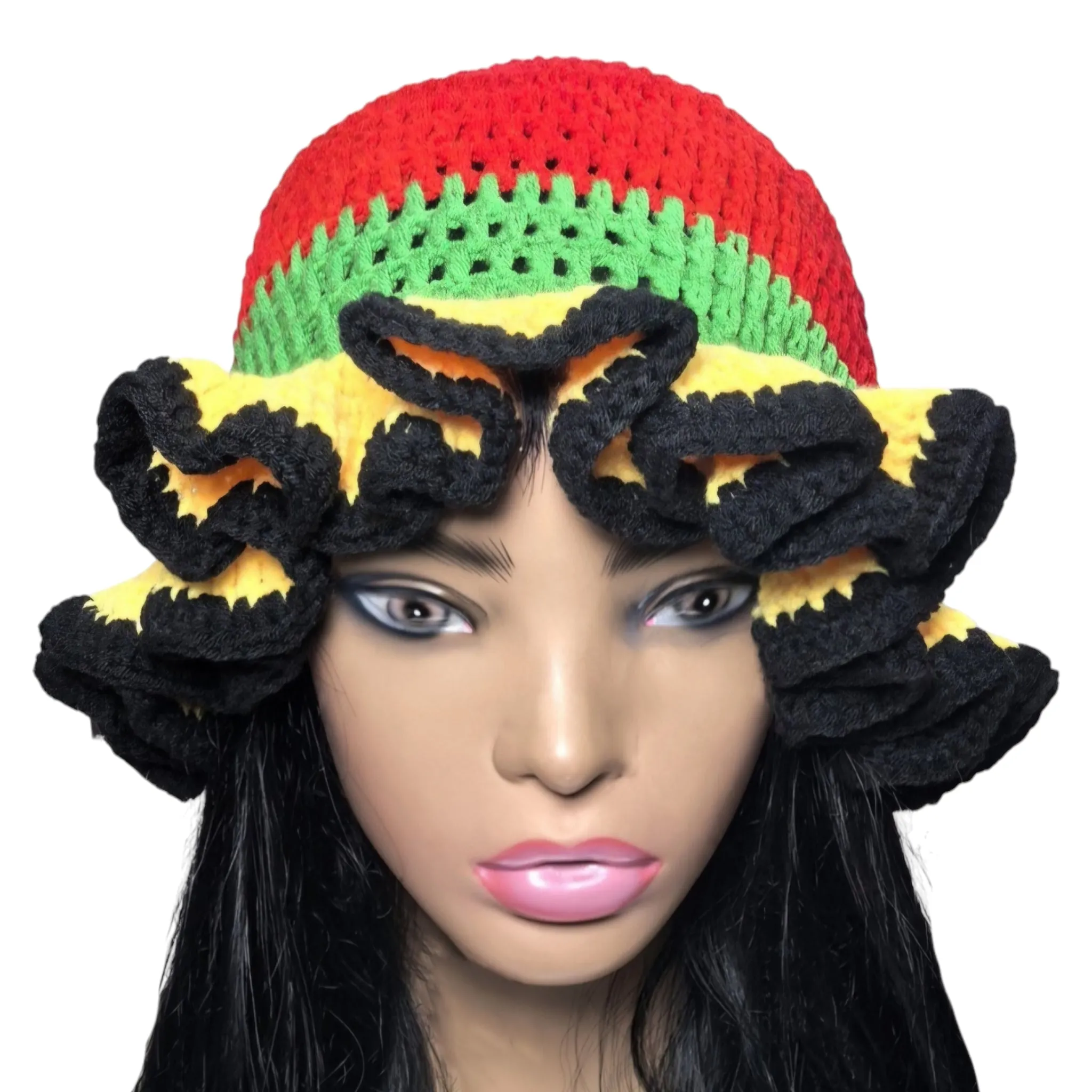Bebe Fashion Crochet Ruffle Bucket Hat (Rasta Colors)