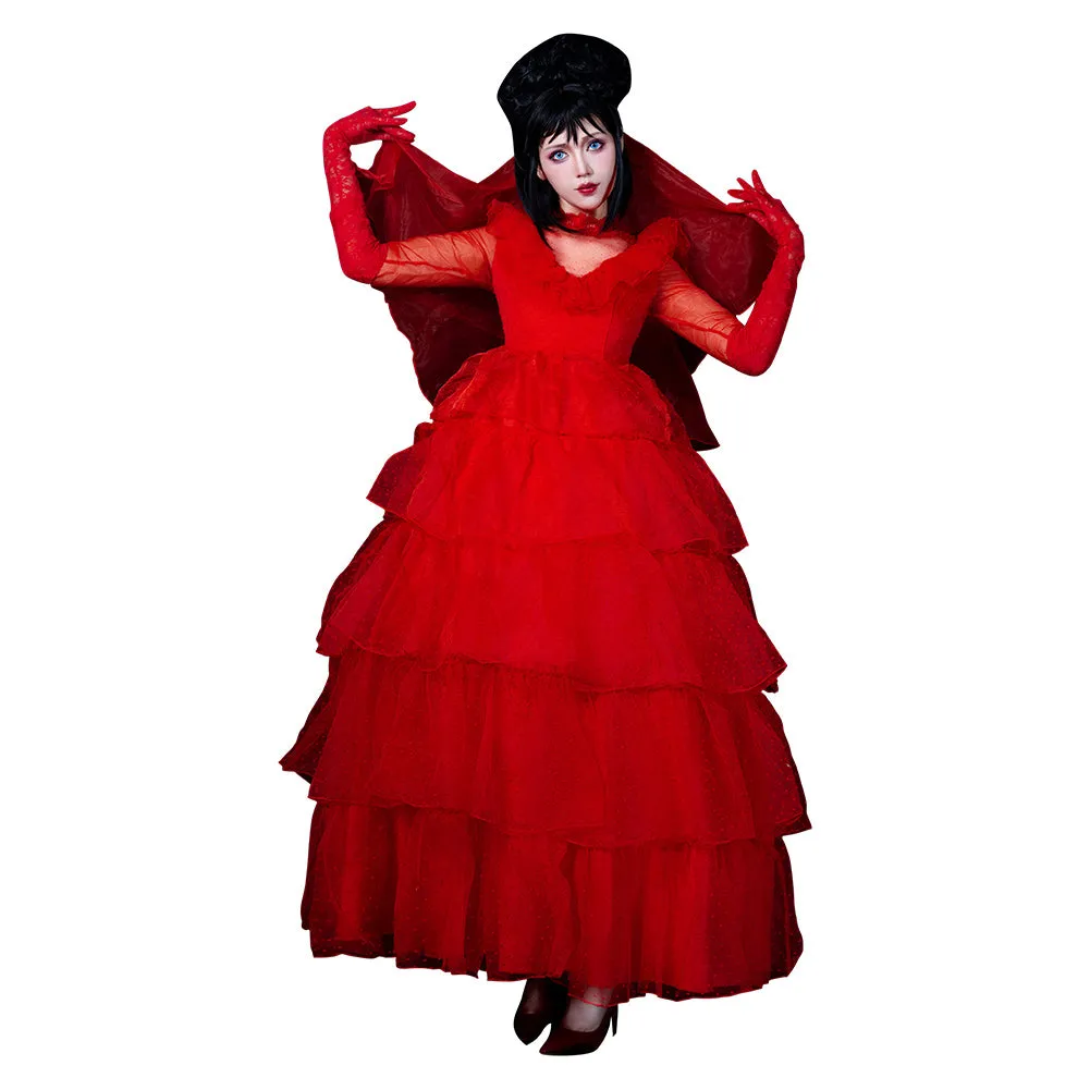 Beetlejuice Lydia Cosplay Costume Red Wedding Dress Outfits Halloween Carnival Suit