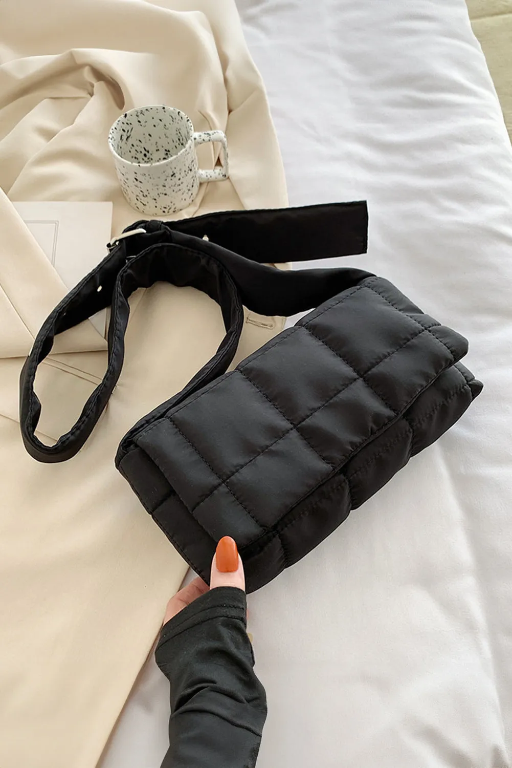 Black Adjustable Wide Strap Quilted Puffer Crossbody Bag