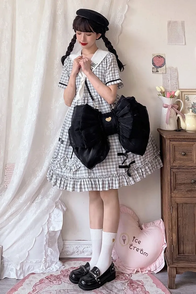 Black Big Bowknot Metal Heart Nameplate Lolita Backpack