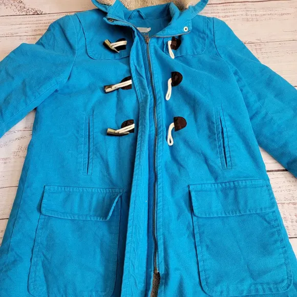Boden Teal Blue Cotton Blend Sherpa Lined Duffle Toggle Hooded Coat Women's 10