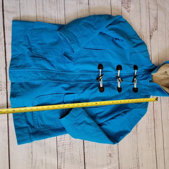 Boden Teal Blue Cotton Blend Sherpa Lined Duffle Toggle Hooded Coat Women's 10