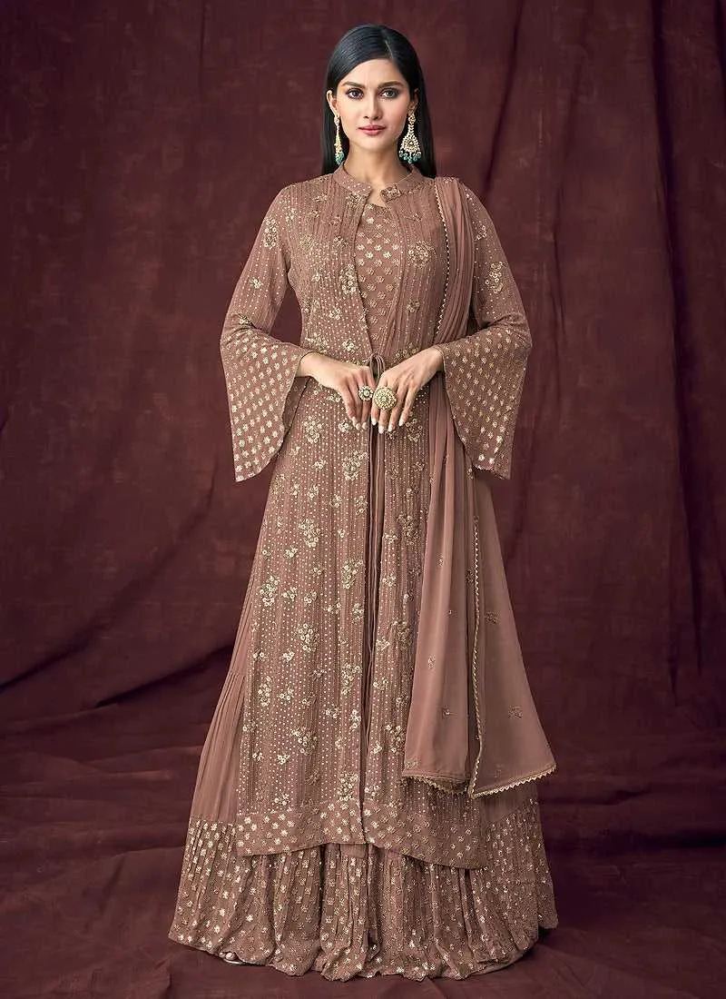 Brown Heavy Embroidered Designer Jacket Style Lehenga