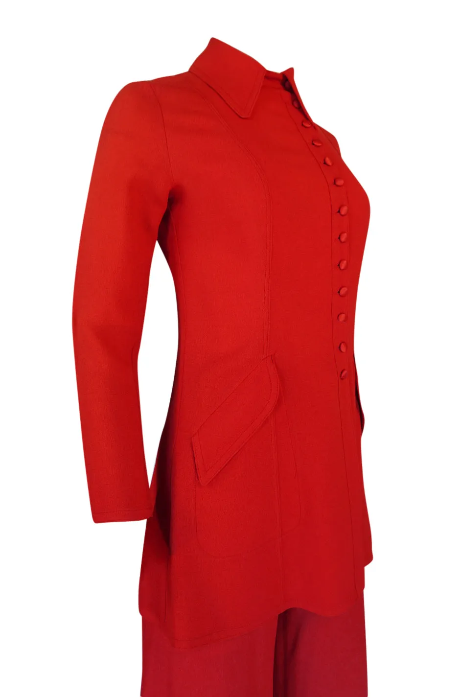 c.1971 Ossie Clark Couture Red Moss Crepe Jacket & Pant Suit