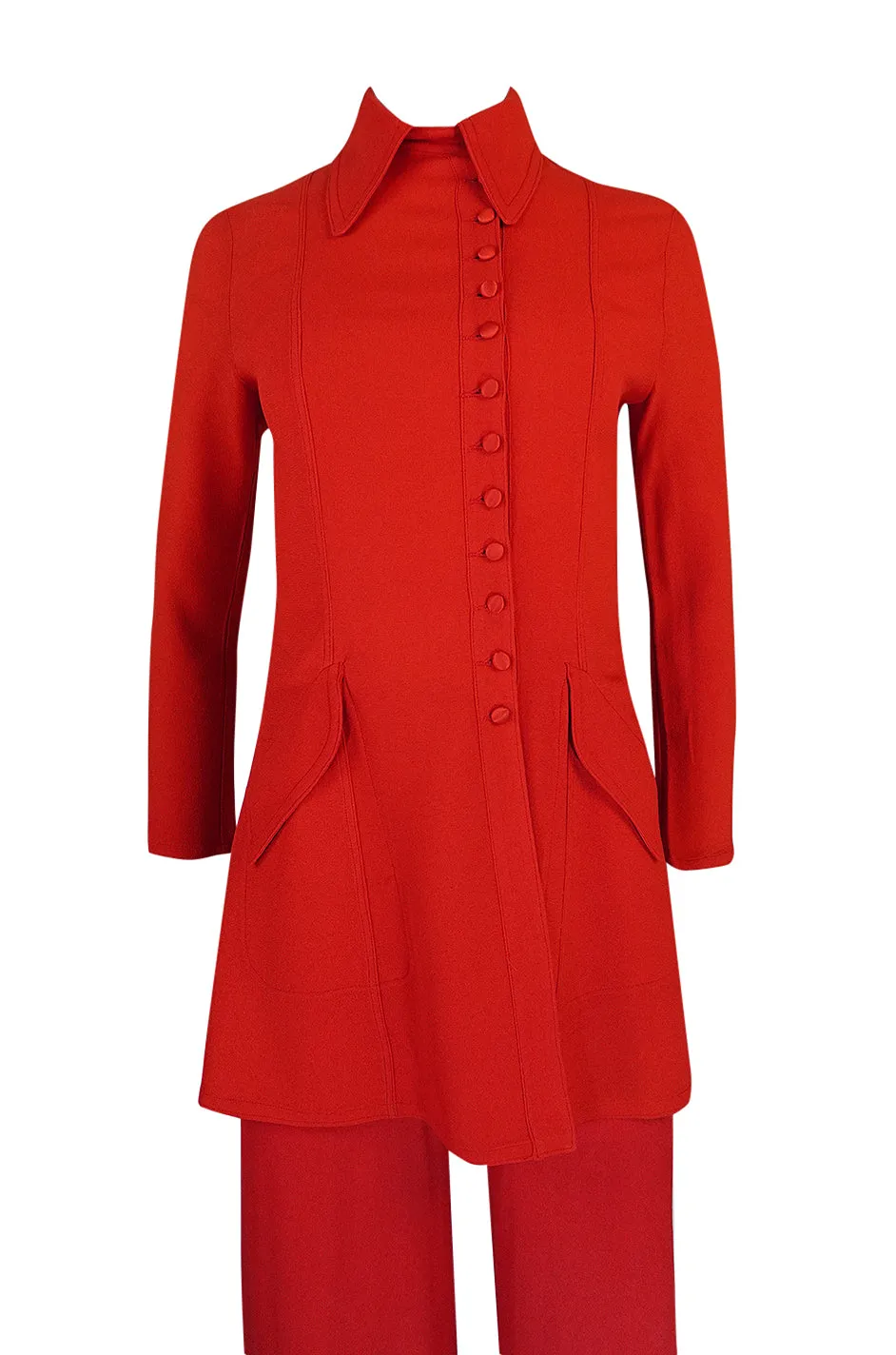 c.1971 Ossie Clark Couture Red Moss Crepe Jacket & Pant Suit