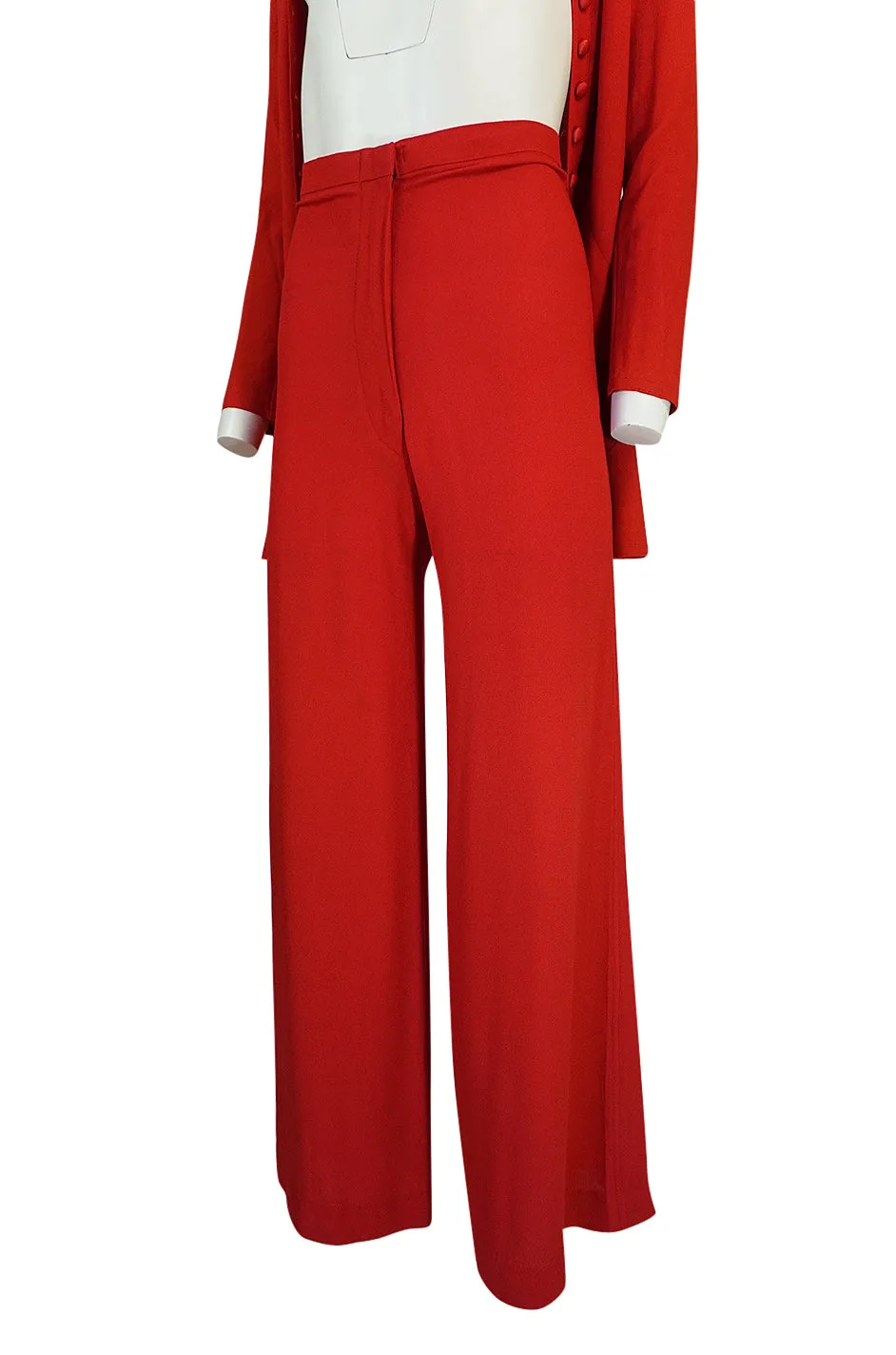 c.1971 Ossie Clark Couture Red Moss Crepe Jacket & Pant Suit