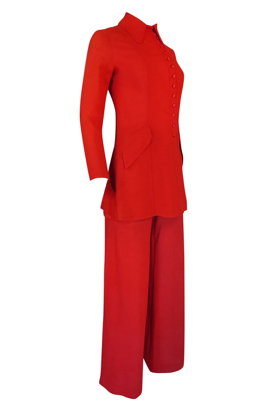 c.1971 Ossie Clark Couture Red Moss Crepe Jacket & Pant Suit