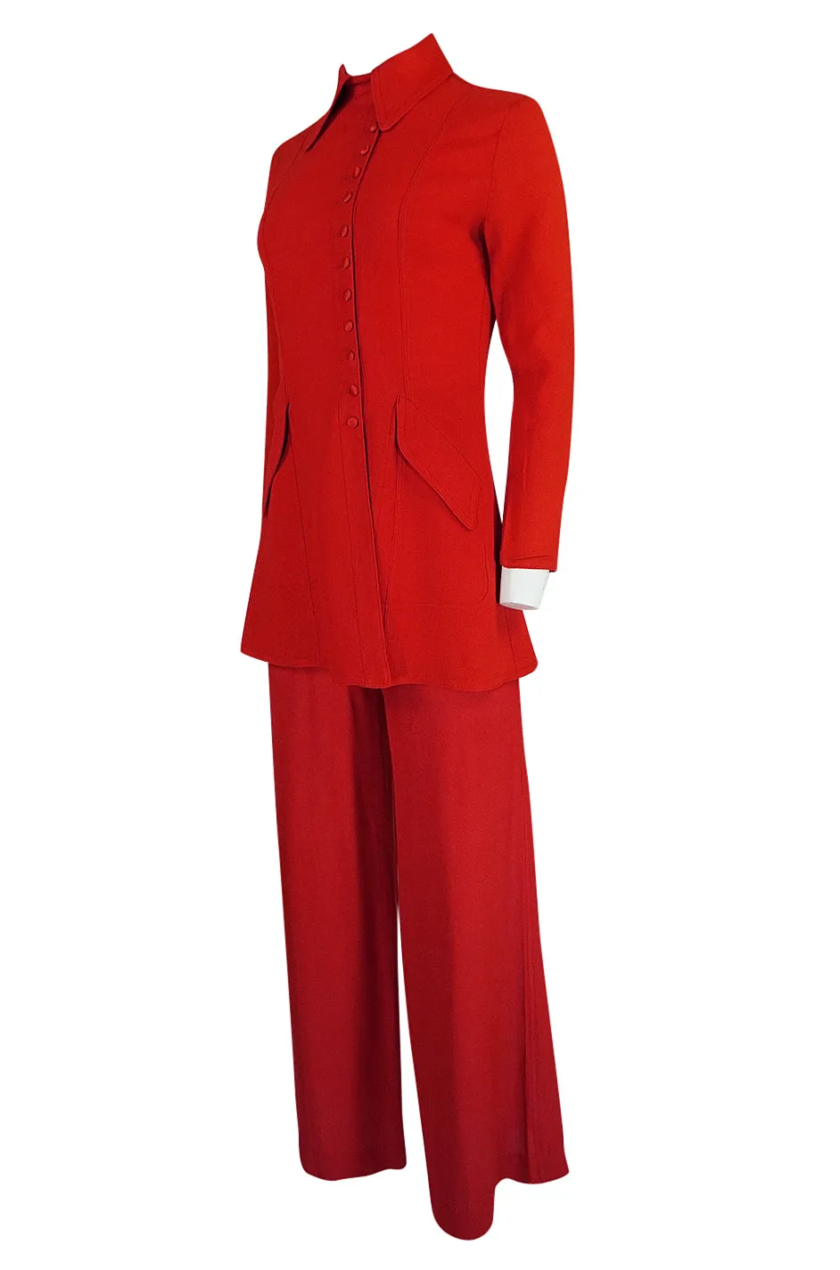 c.1971 Ossie Clark Couture Red Moss Crepe Jacket & Pant Suit
