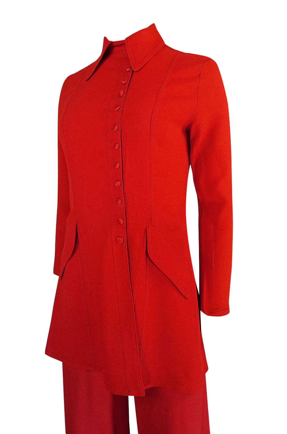 c.1971 Ossie Clark Couture Red Moss Crepe Jacket & Pant Suit