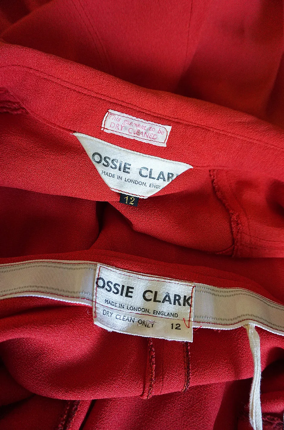 c.1971 Ossie Clark Couture Red Moss Crepe Jacket & Pant Suit