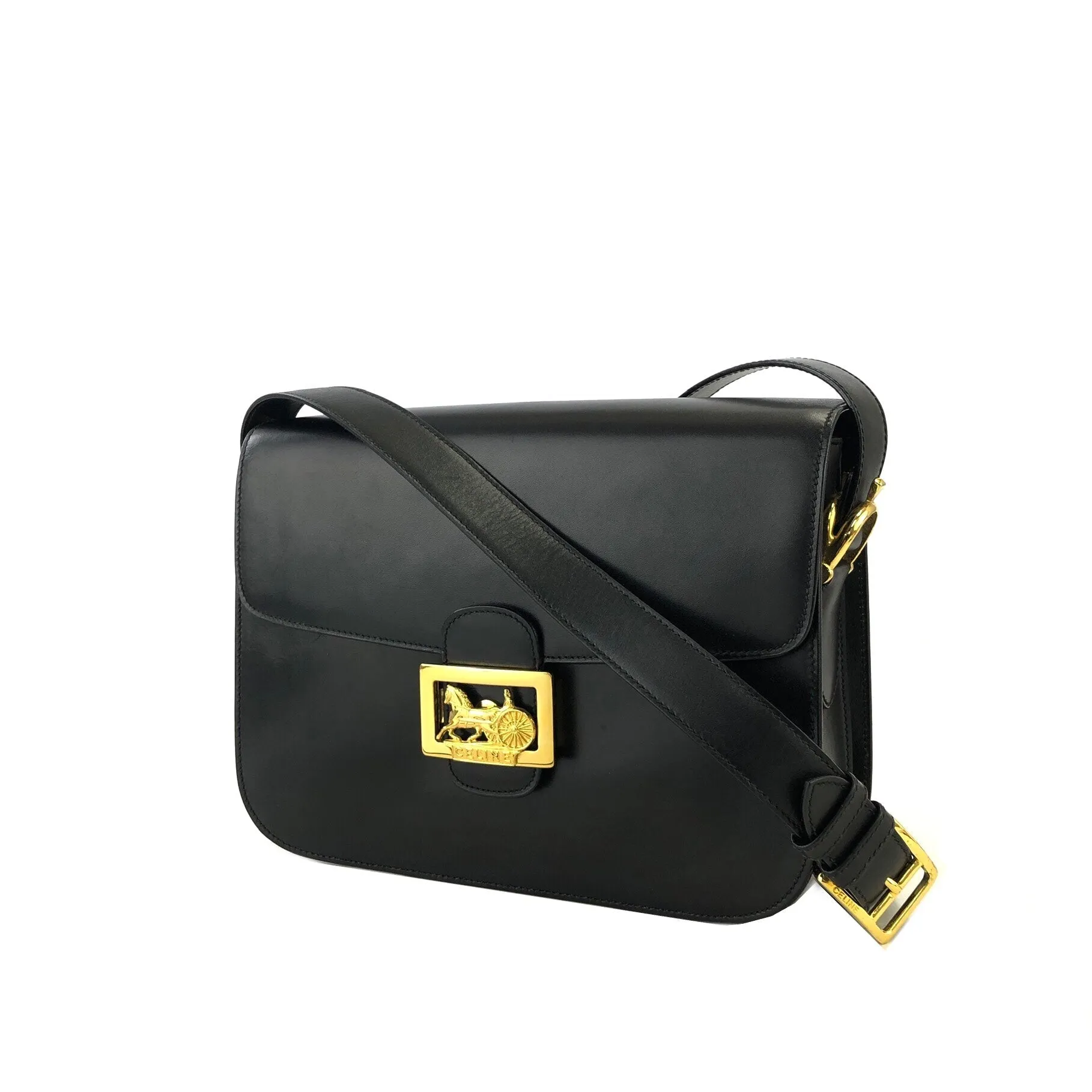 CELINE Horse carriage Leather Crossbody Shoulder bag Black Vintage Old celine 4vjaaf
