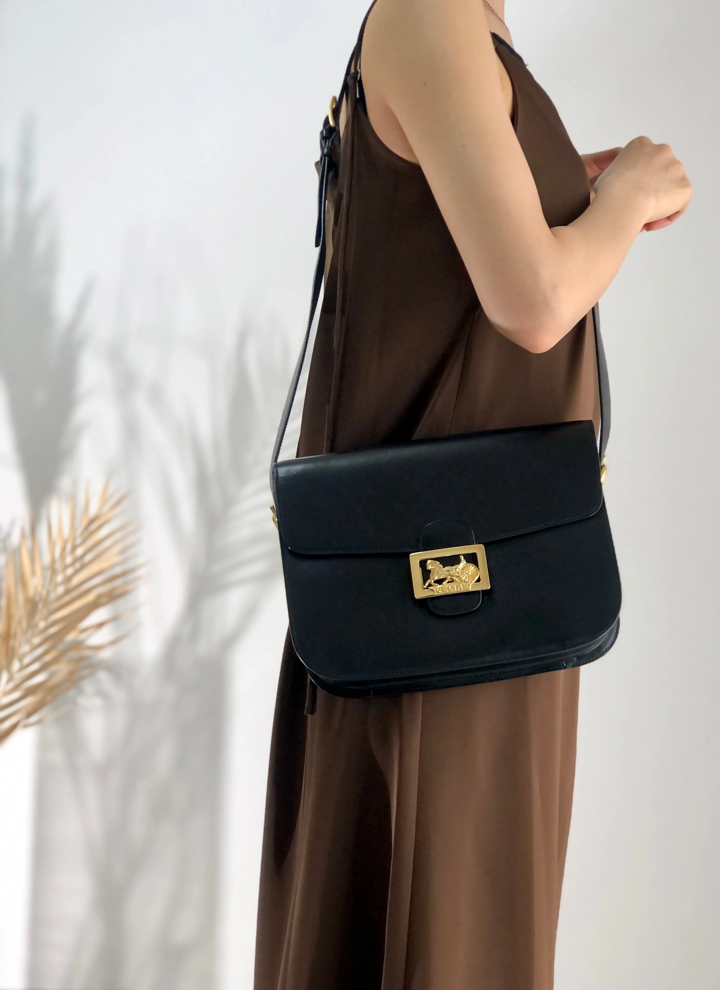 CELINE Horse carriage Leather Crossbody Shoulder bag Black Vintage Old celine 4vjaaf