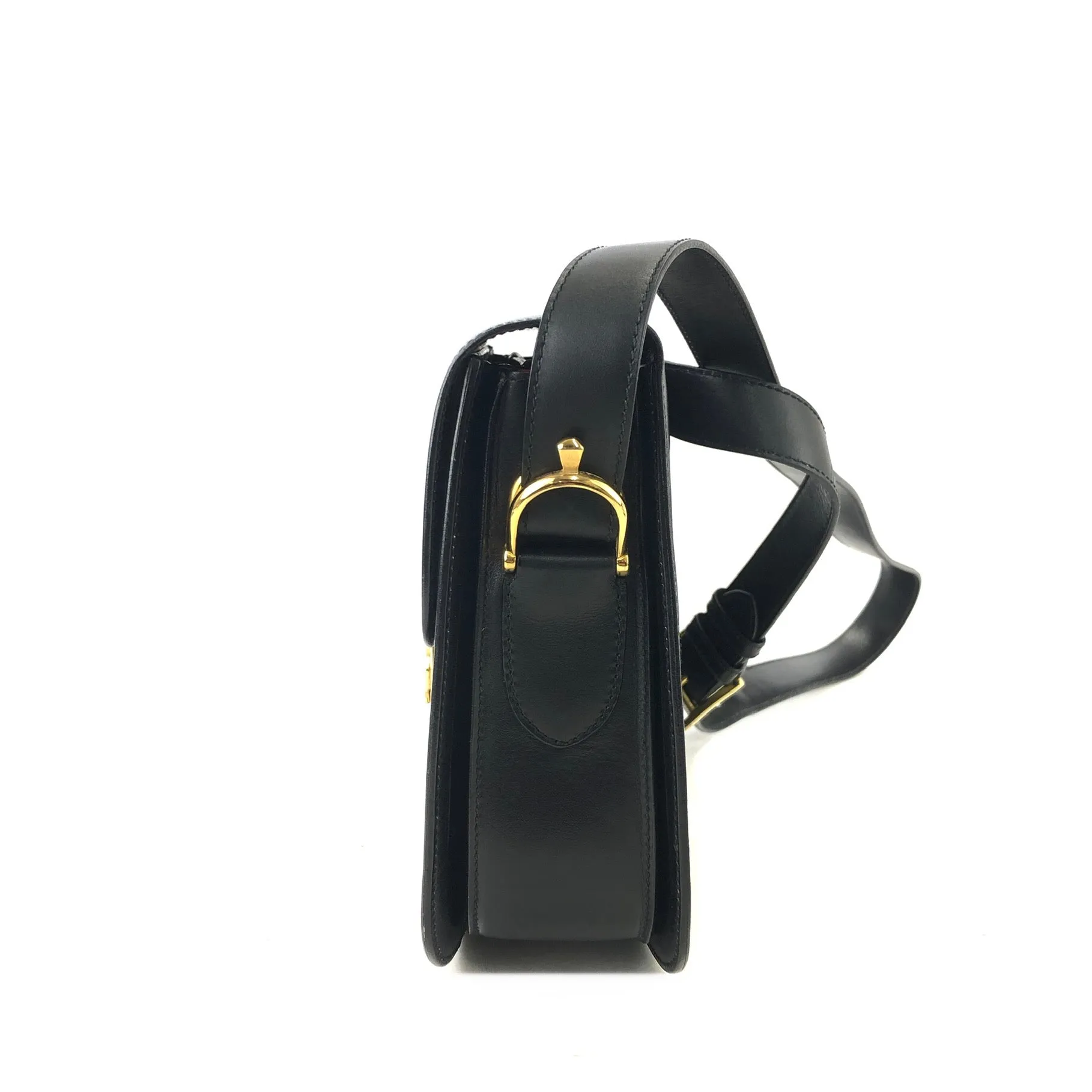 CELINE Horse carriage Leather Crossbody Shoulder bag Black Vintage Old celine 4vjaaf