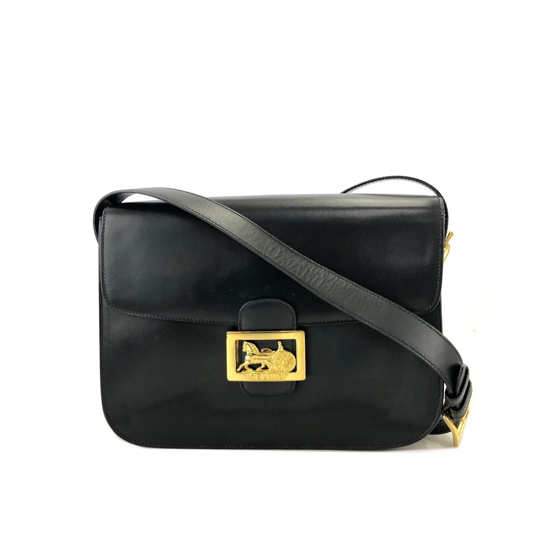 CELINE Horse carriage Leather Crossbody Shoulder bag Black Vintage Old celine 4vjaaf