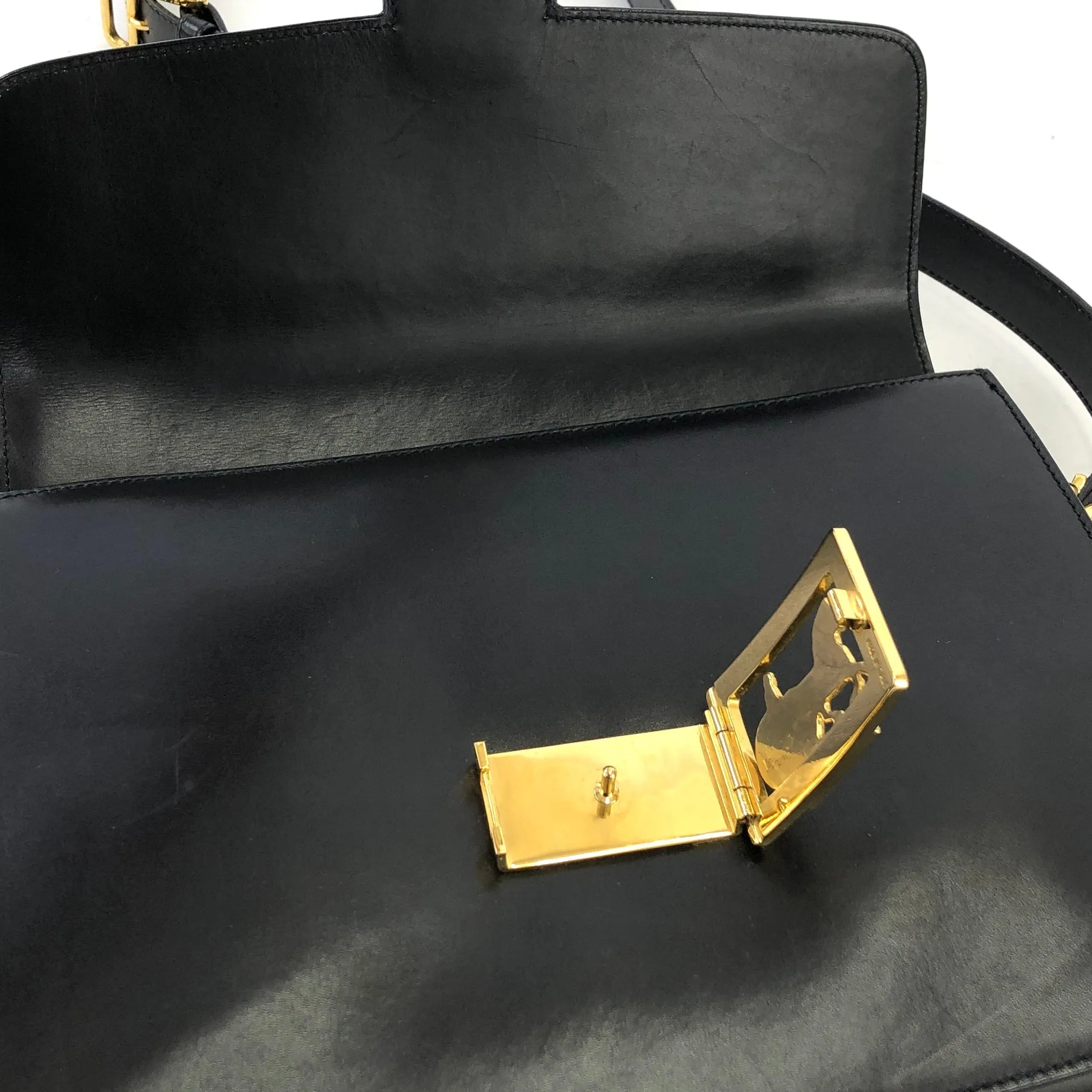 CELINE Horse carriage Leather Crossbody Shoulder bag Black Vintage Old celine 4vjaaf