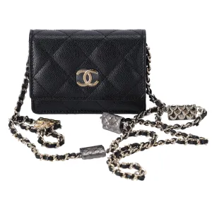 Chanel Caviar Quilted Leather Card Holder Crossbody Bag Charms On Chain Black