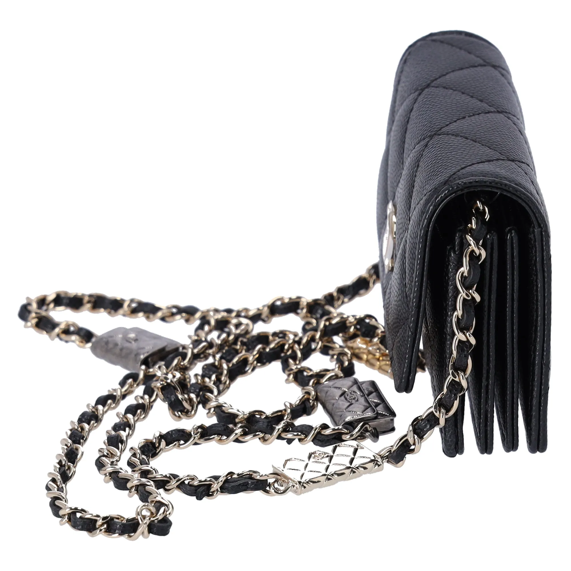 Chanel Caviar Quilted Leather Card Holder Crossbody Bag Charms On Chain Black
