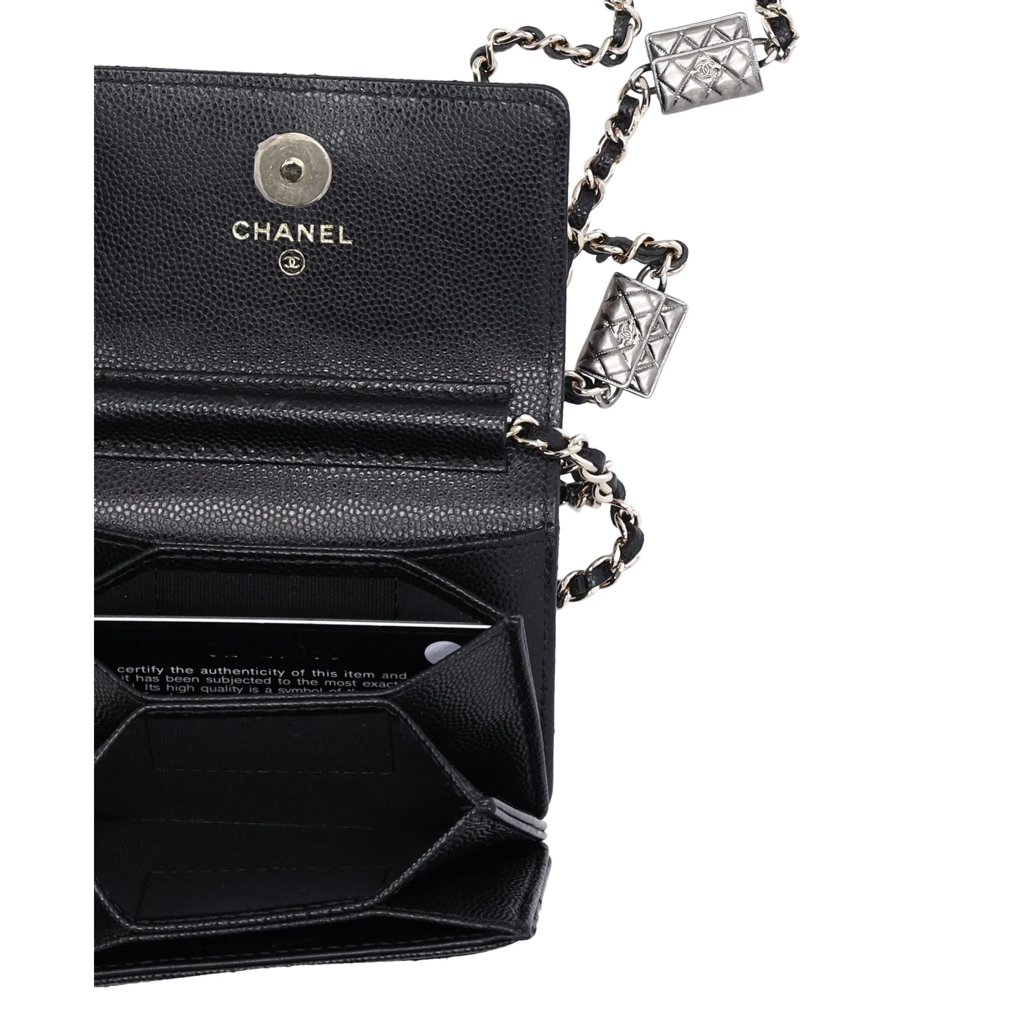 Chanel Caviar Quilted Leather Card Holder Crossbody Bag Charms On Chain Black
