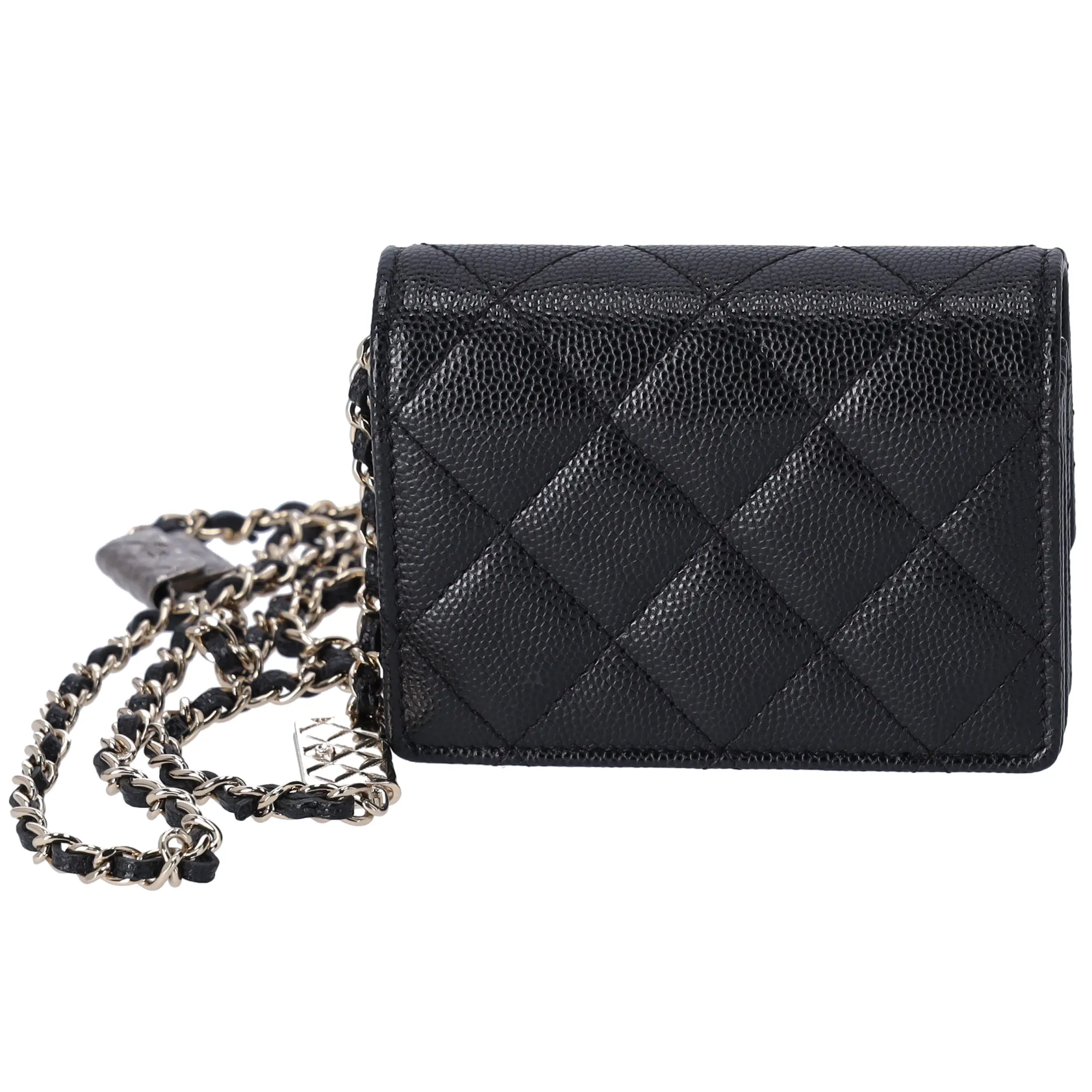 Chanel Caviar Quilted Leather Card Holder Crossbody Bag Charms On Chain Black