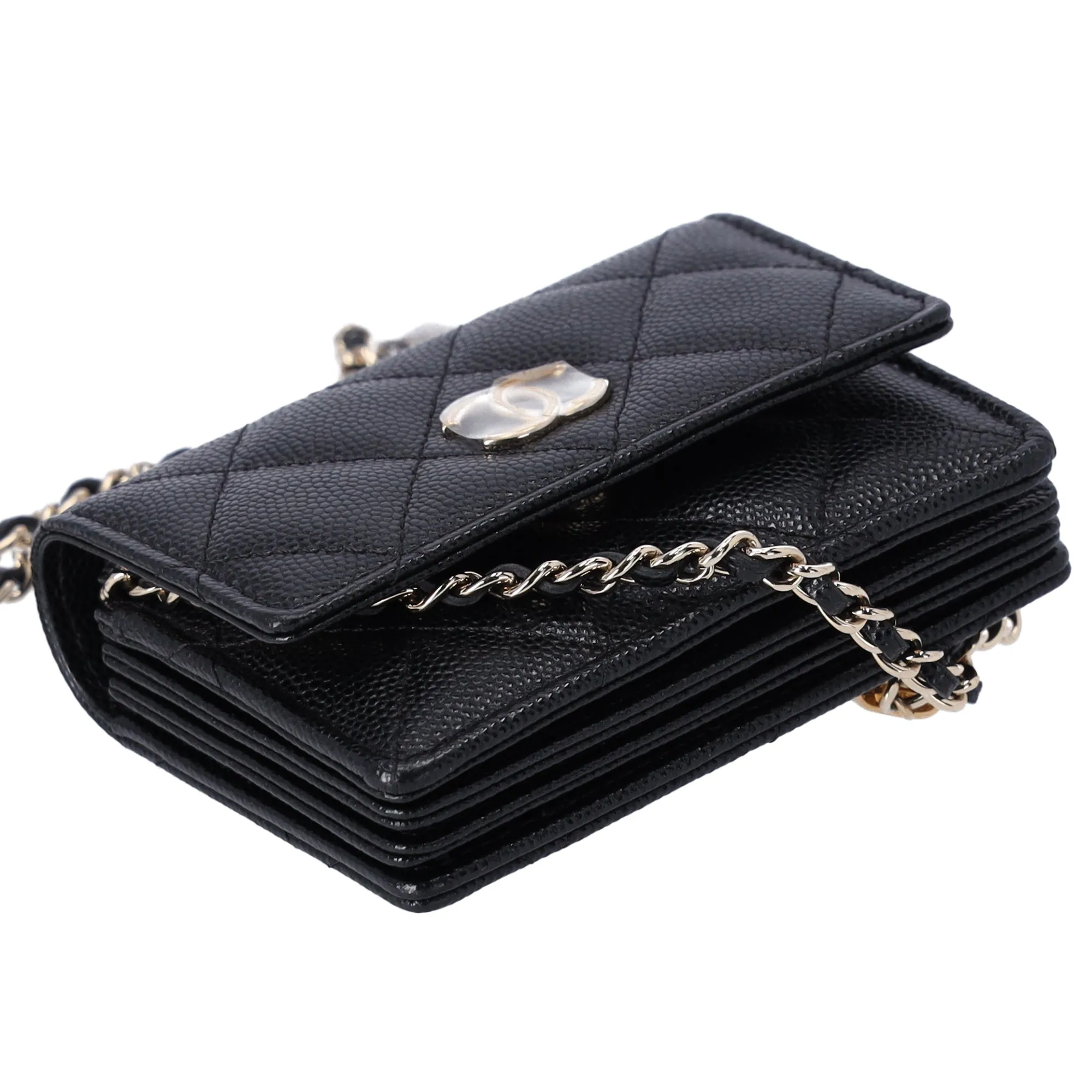 Chanel Caviar Quilted Leather Card Holder Crossbody Bag Charms On Chain Black