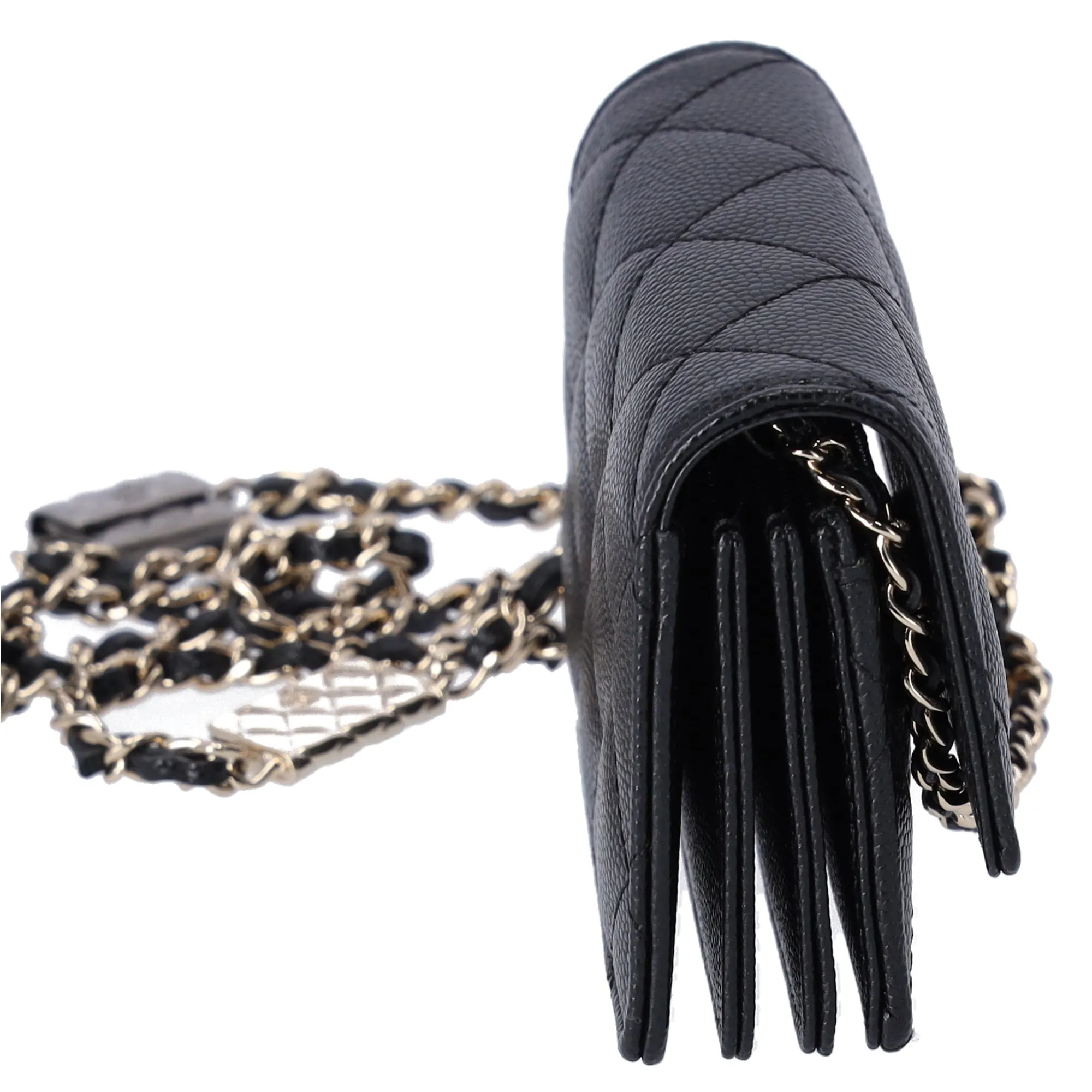 Chanel Caviar Quilted Leather Card Holder Crossbody Bag Charms On Chain Black