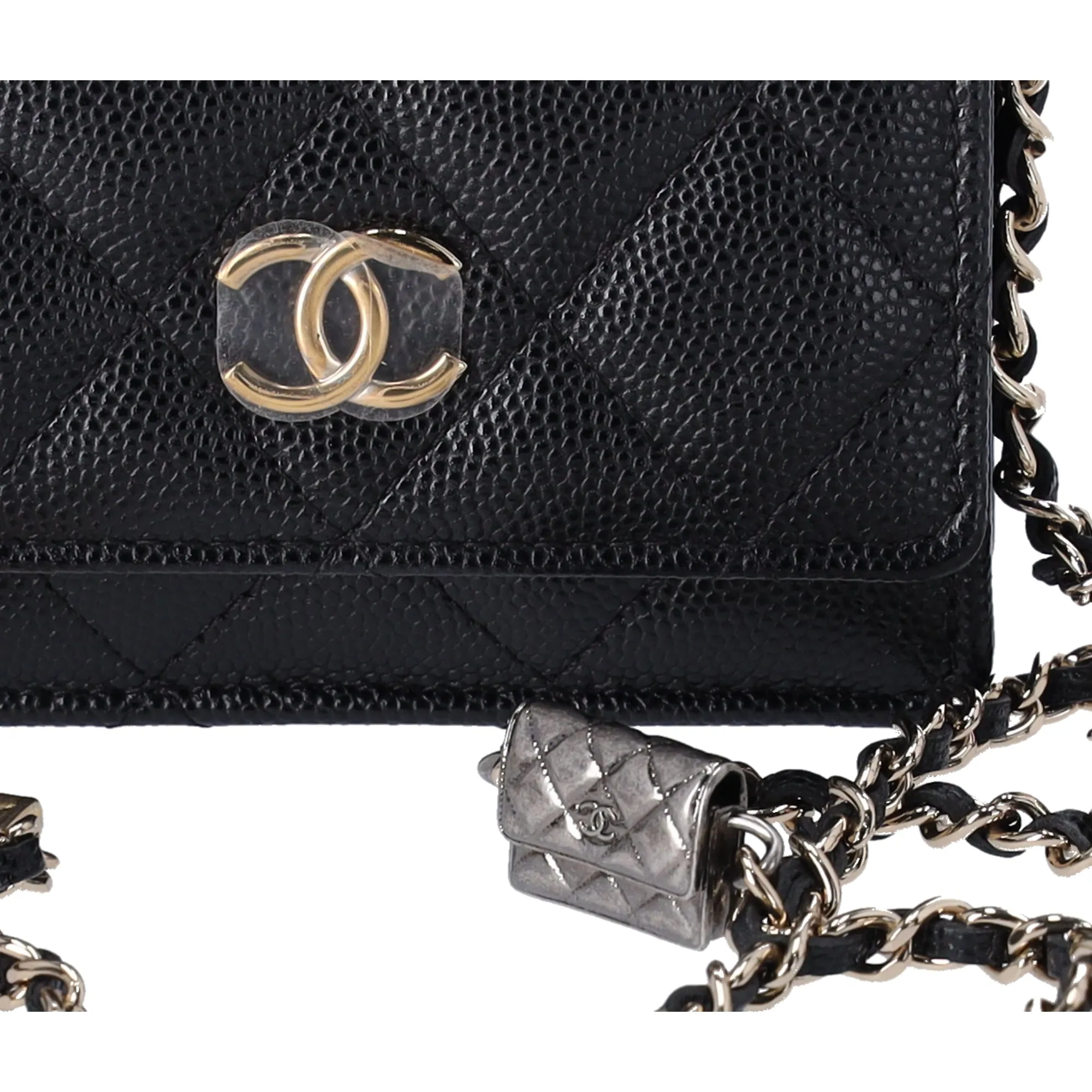 Chanel Caviar Quilted Leather Card Holder Crossbody Bag Charms On Chain Black