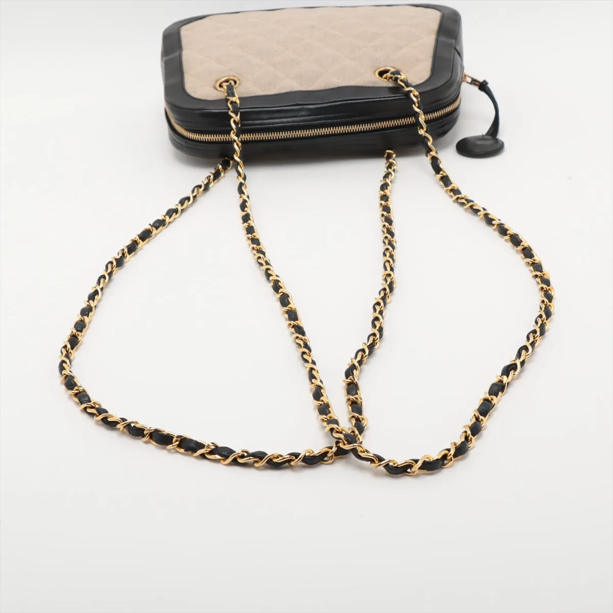 Chanel Matelasse Canvas &amp; Leather Chain Shoulder Bag Black x Beige Gold Metal Fittings 1 Series  #2509