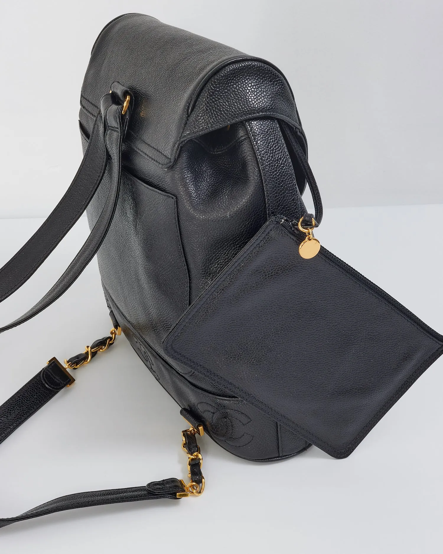 Chanel Vintage Black Caviar Leather Drawstring Triple CC Backpack
