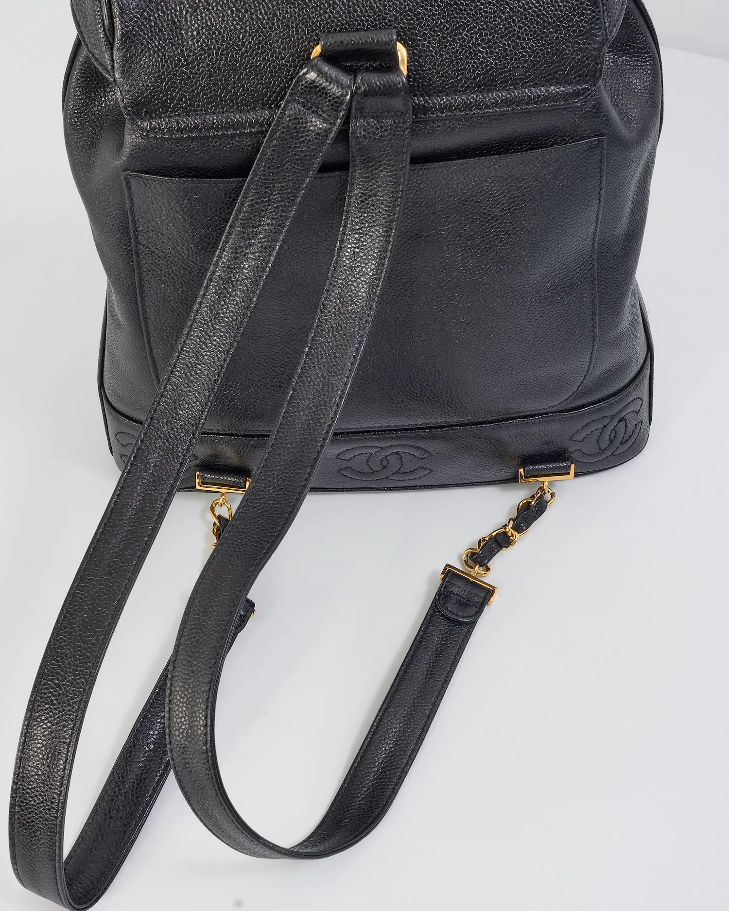 Chanel Vintage Black Caviar Leather Drawstring Triple CC Backpack