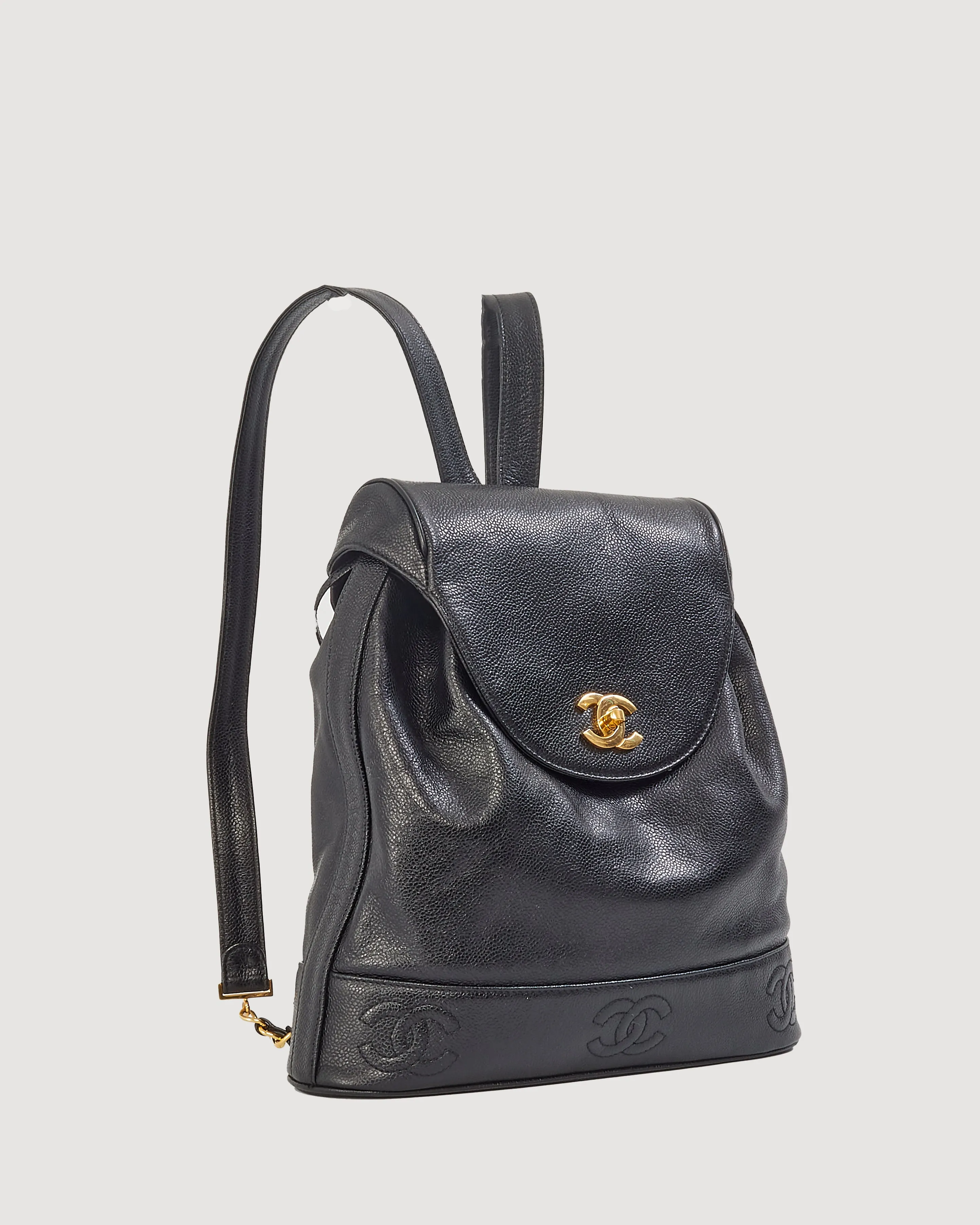 Chanel Vintage Black Caviar Leather Drawstring Triple CC Backpack