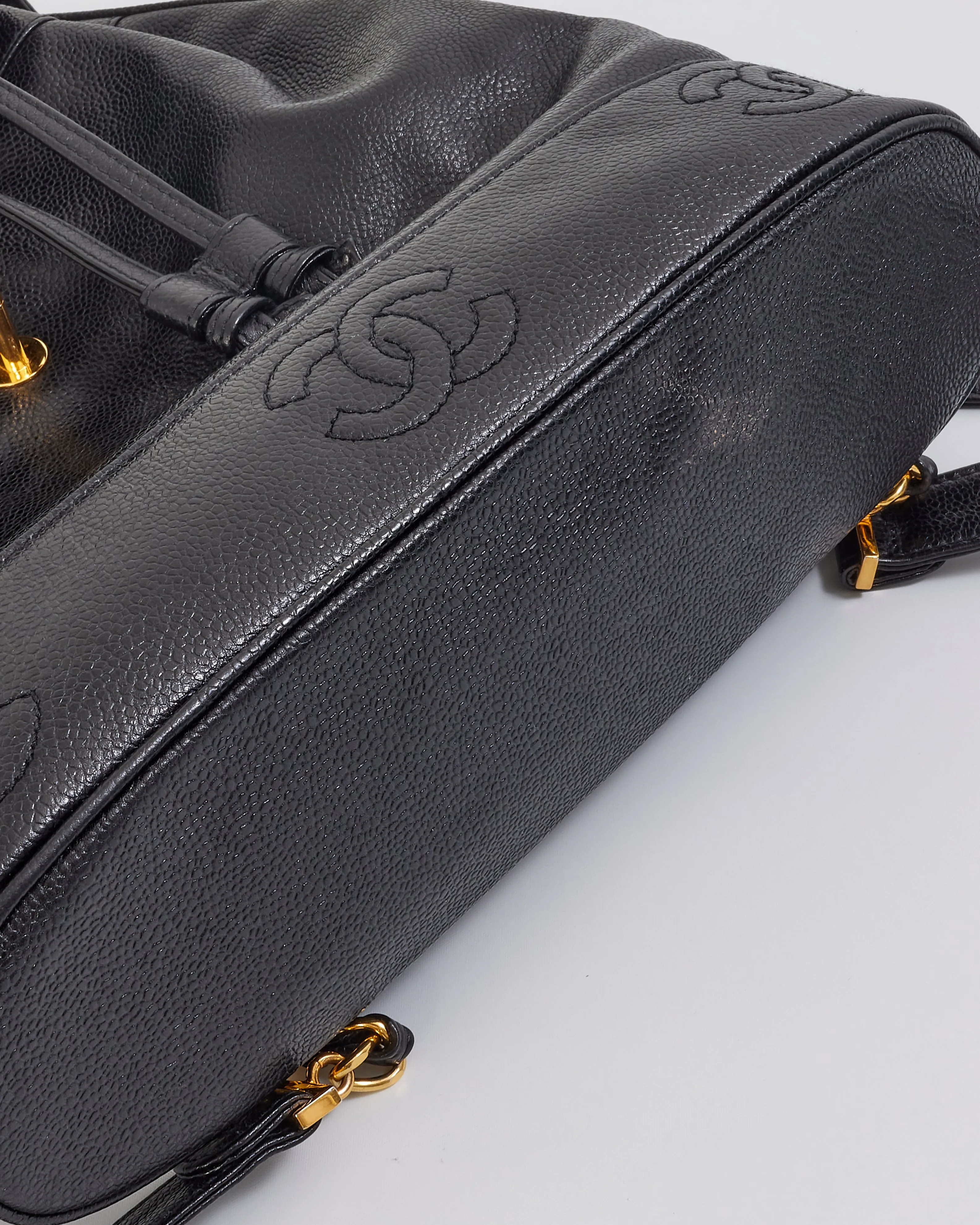 Chanel Vintage Black Caviar Leather Drawstring Triple CC Backpack