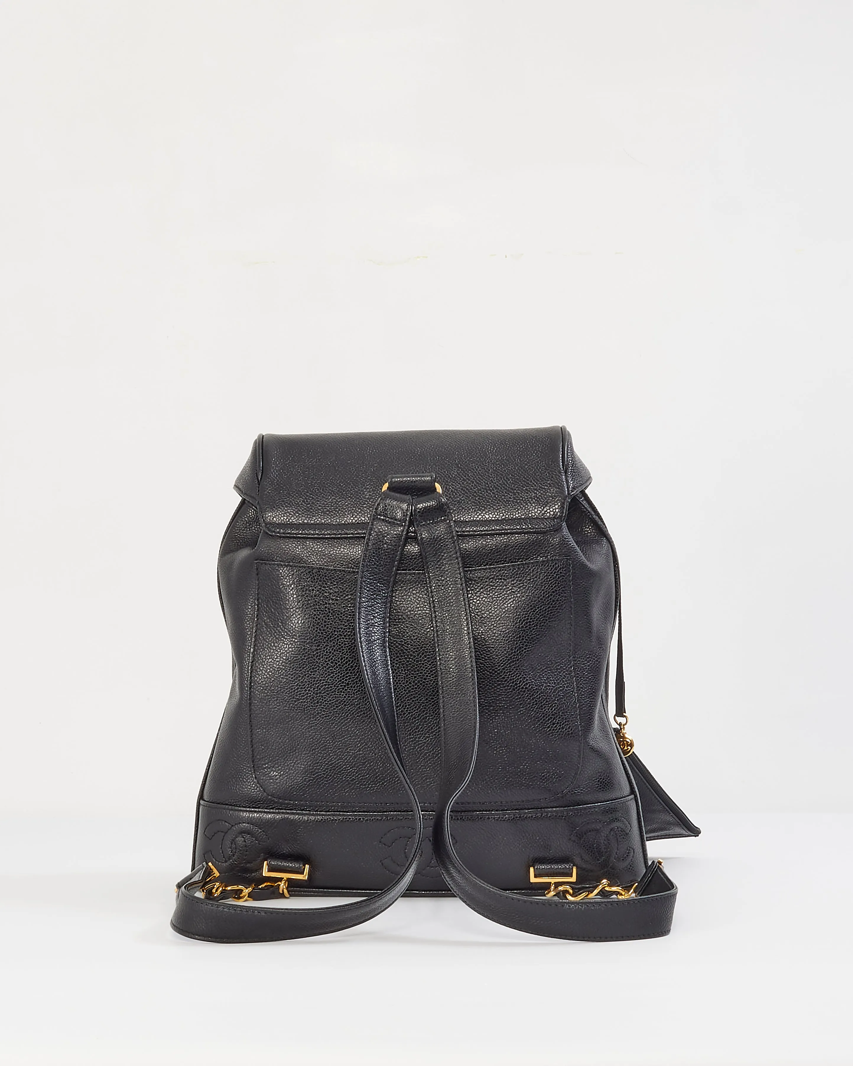 Chanel Vintage Black Caviar Leather Drawstring Triple CC Backpack